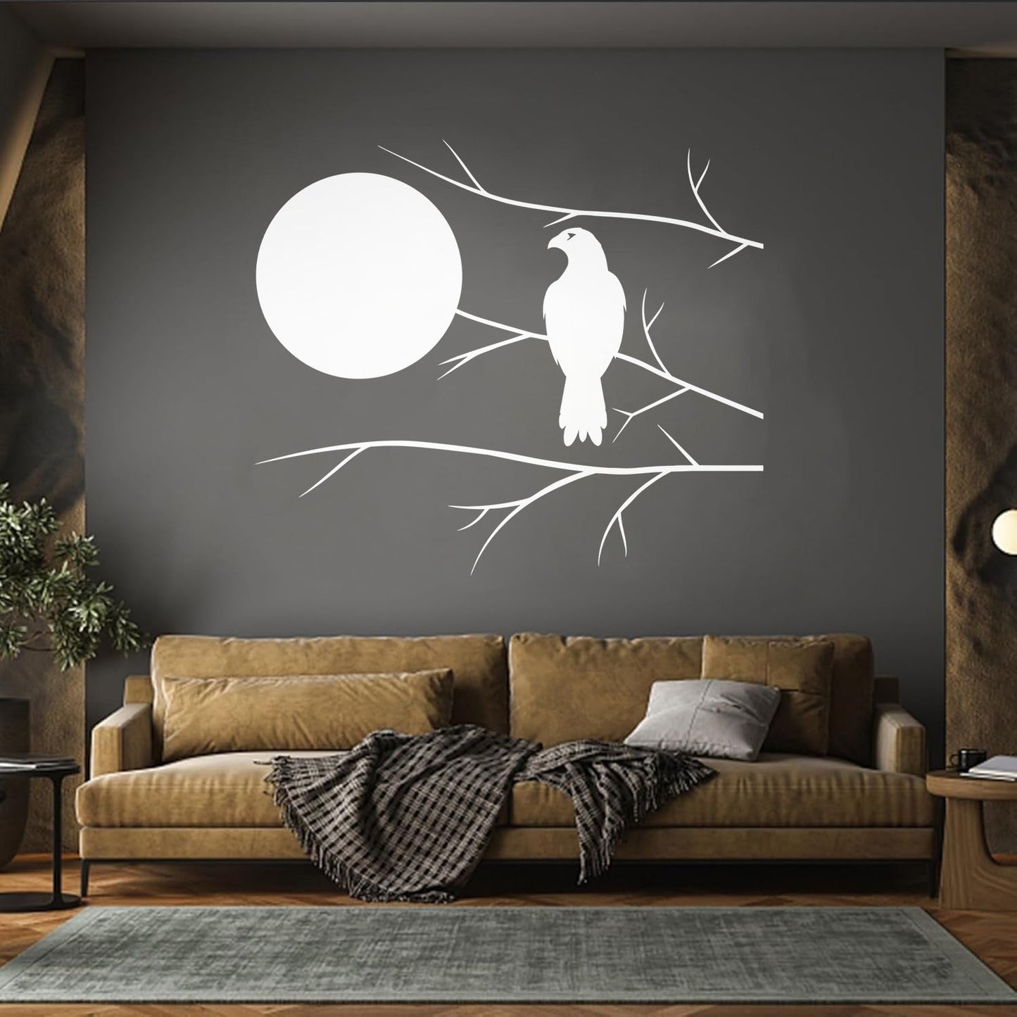 Wall Decals Pvc Hawk On Tree Branch Full Moon Bedroom Art Mural Painting