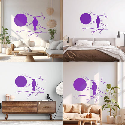 Wall Decals Pvc Hawk On Tree Branch Full Moon Bedroom Art Mural Painting
