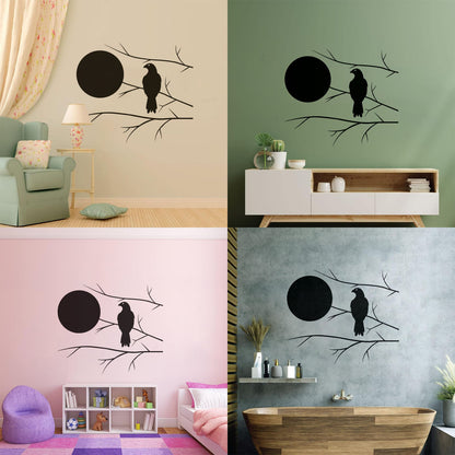 Wall Decals Pvc Hawk On Tree Branch Full Moon Bedroom Art Mural Painting