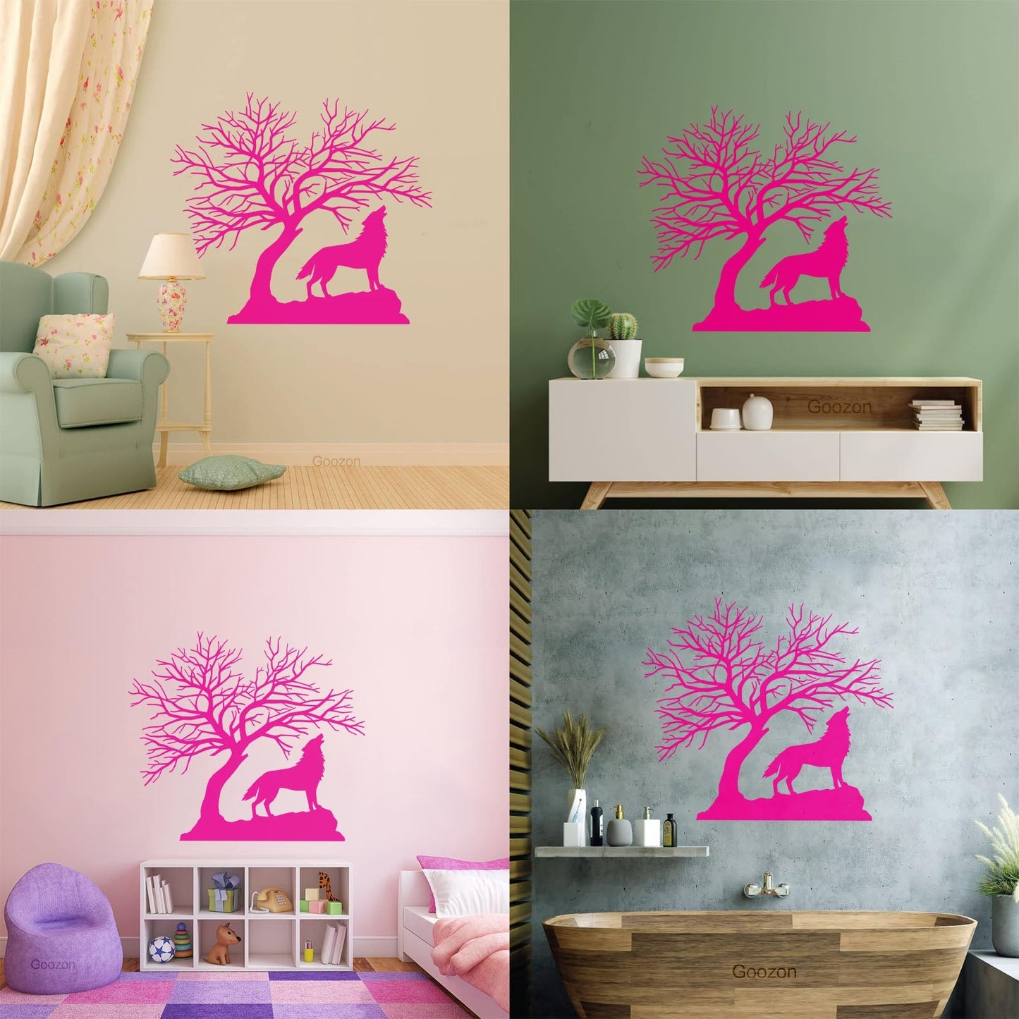 Howling Wolf Tree Branches Silhouette Natural Vinyl Wall Stickers It Won'T Fall Off