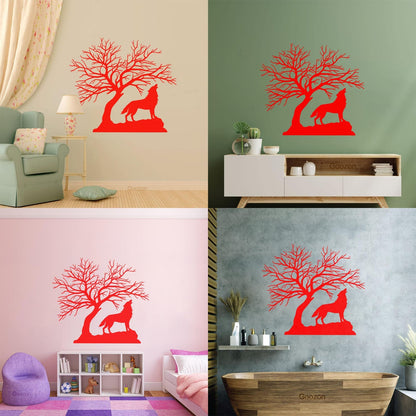 Howling Wolf Tree Branches Silhouette Natural Vinyl Wall Stickers It Won'T Fall Off