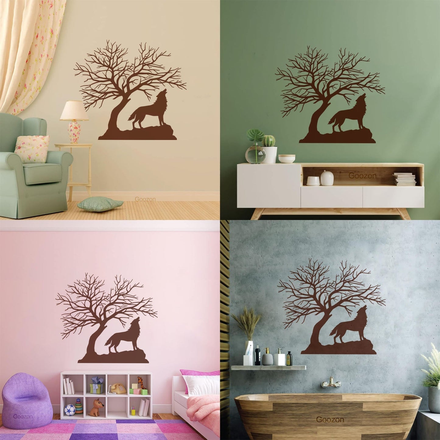 Howling Wolf Tree Branches Silhouette Natural Vinyl Wall Stickers It Won'T Fall Off