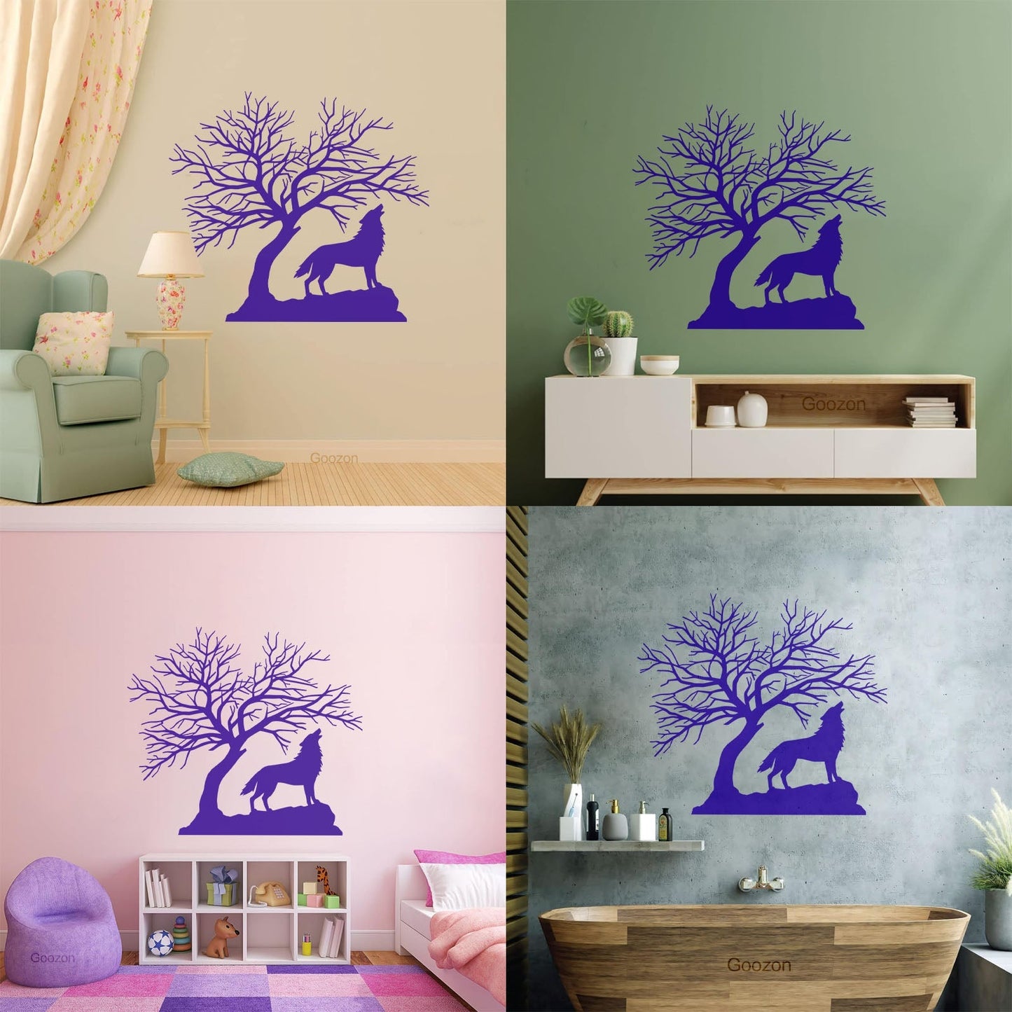 Howling Wolf Tree Branches Silhouette Natural Vinyl Wall Stickers It Won'T Fall Off