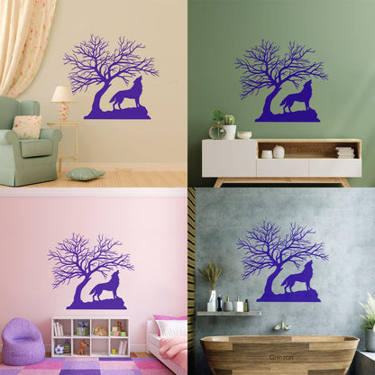 Howling Wolf Tree Branches Silhouette Natural Vinyl Wall Stickers It Won'T Fall Off