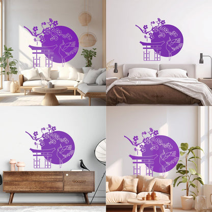 Wall Decals Japanese Bird Stork Tree Sakura Branch Oriental Personalized Customization