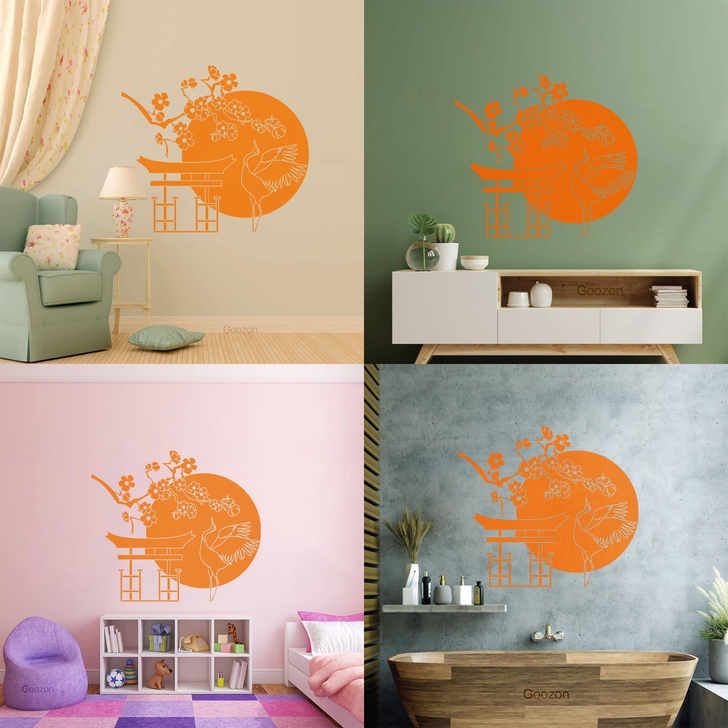 Wall Decals Japanese Bird Stork Tree Sakura Branch Oriental Personalized Customization