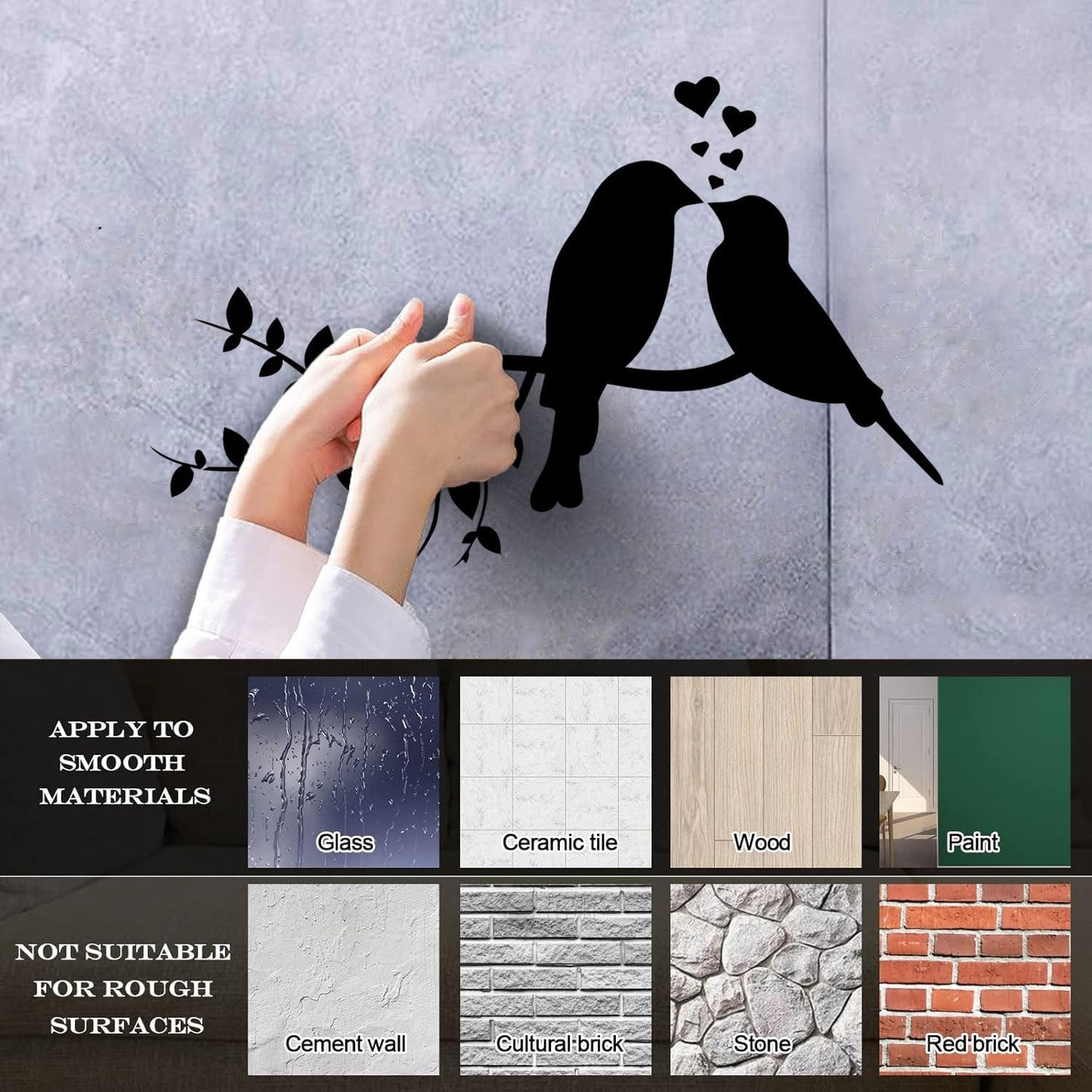 Fine Carving Stickers Love Hearts Birds On Branch Nursery Glass Stickers