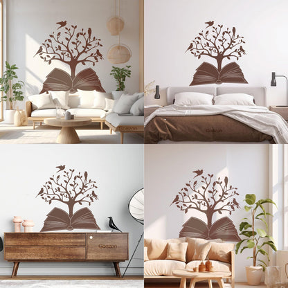 Engraving Decals Open Book Read Library Birds Tree Branch It Won'T Fall Off