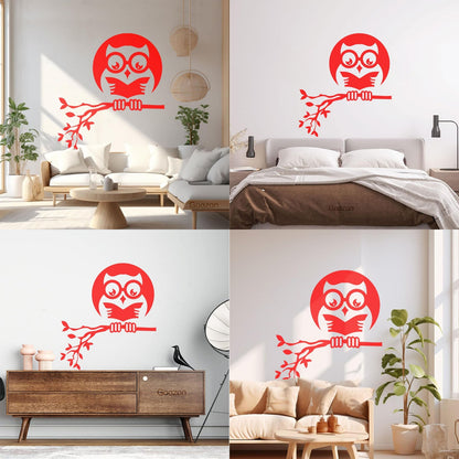 Fine Carving Stickers Owl On Branch Forest Night Moon Wall Beautification