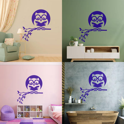 Fine Carving Stickers Owl On Branch Forest Night Moon Wall Beautification