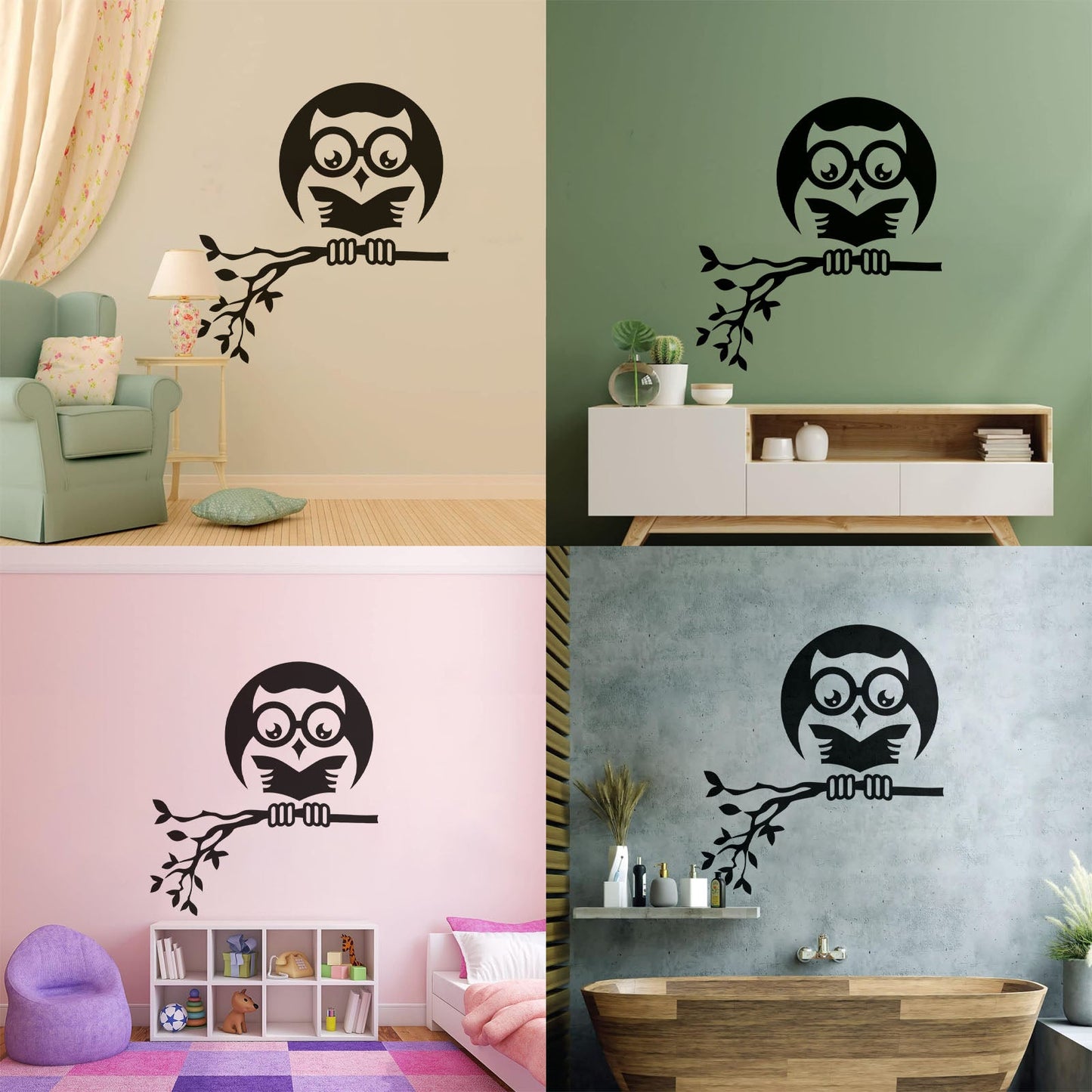 Fine Carving Stickers Owl On Branch Forest Night Moon Wall Beautification