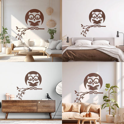 Fine Carving Stickers Owl On Branch Forest Night Moon Wall Beautification