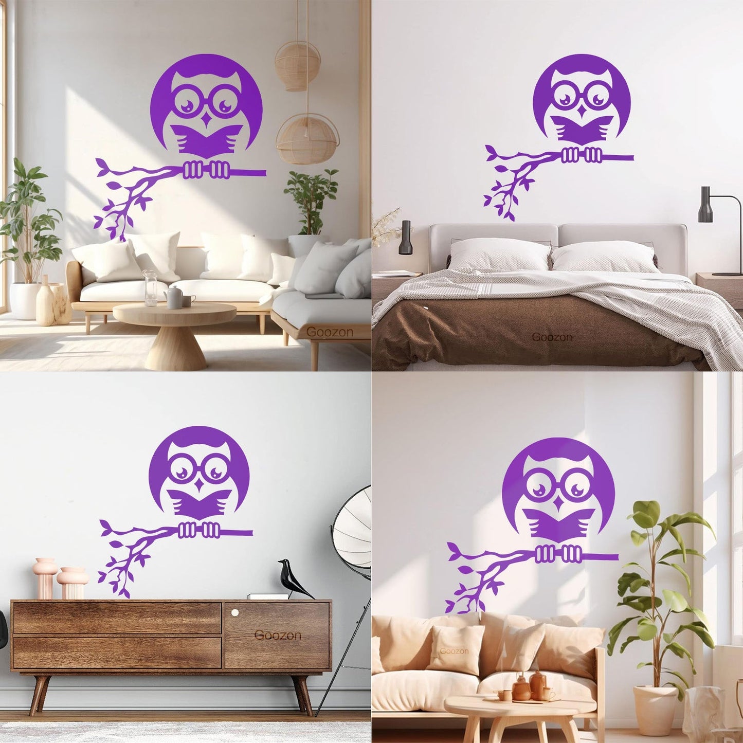 Fine Carving Stickers Owl On Branch Forest Night Moon Wall Beautification