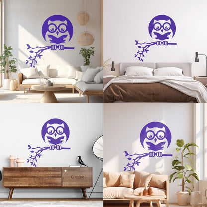 Fine Carving Stickers Owl On Branch Forest Night Moon Wall Beautification