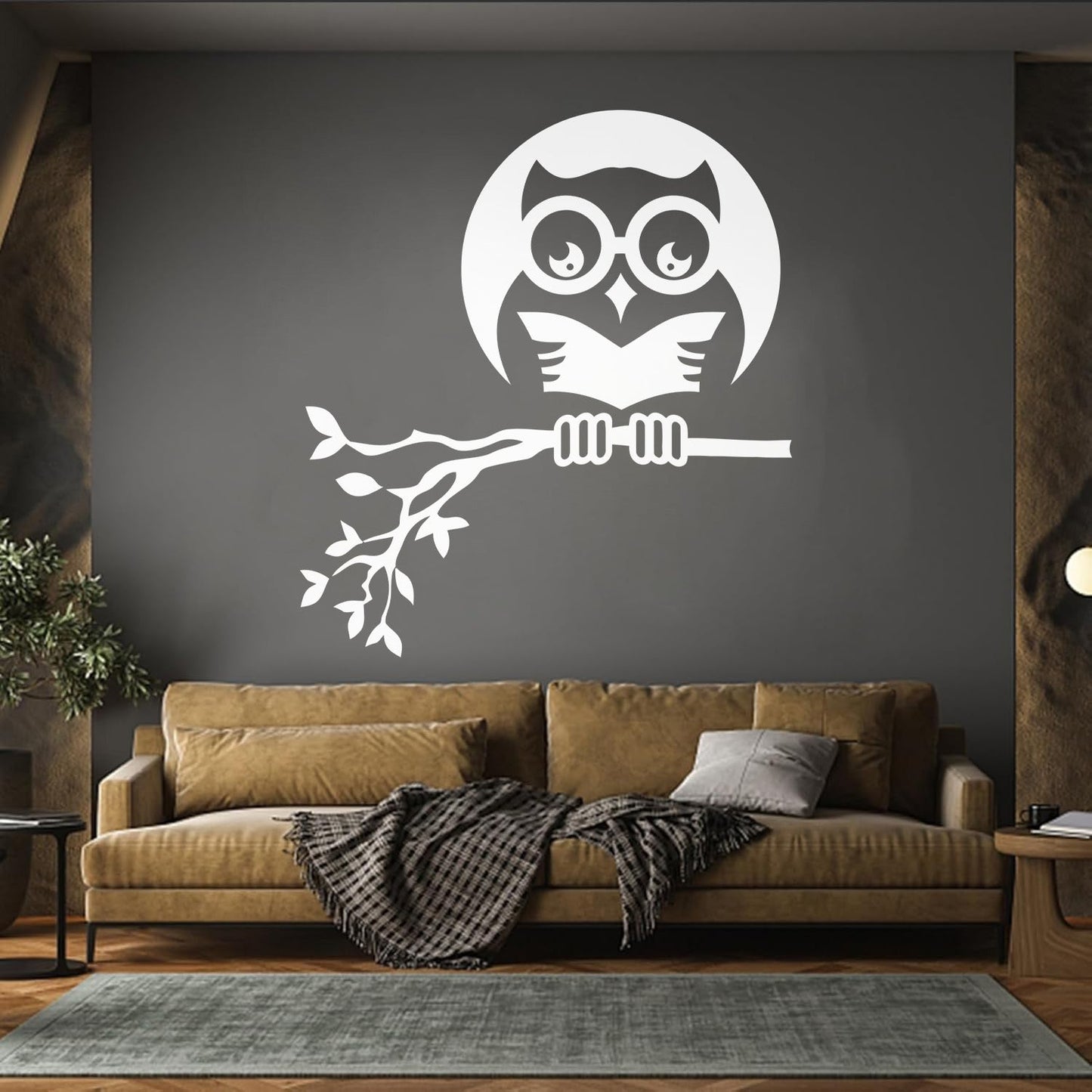 Fine Carving Stickers Owl On Branch Forest Night Moon Wall Beautification