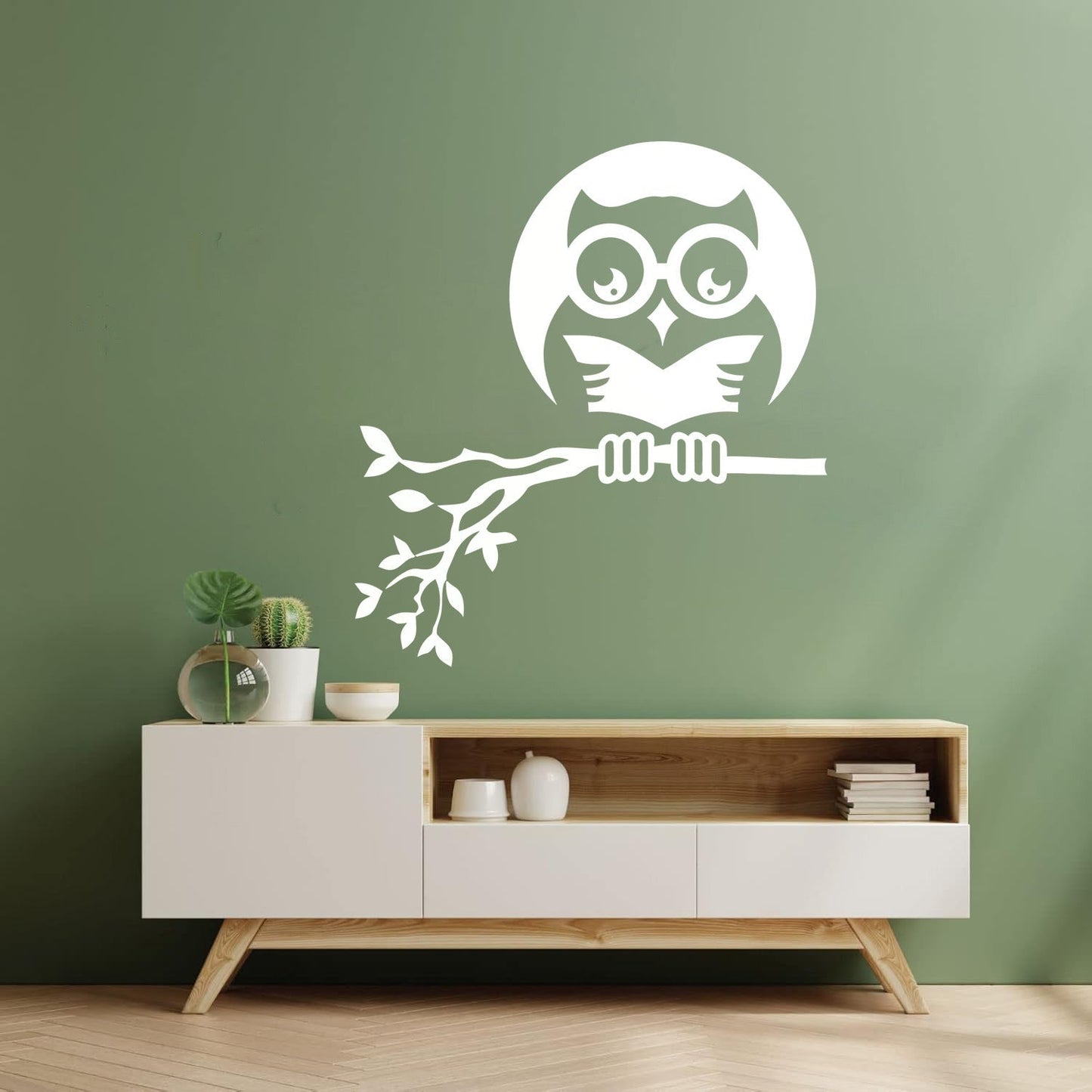 Fine Carving Stickers Owl On Branch Forest Night Moon Wall Beautification