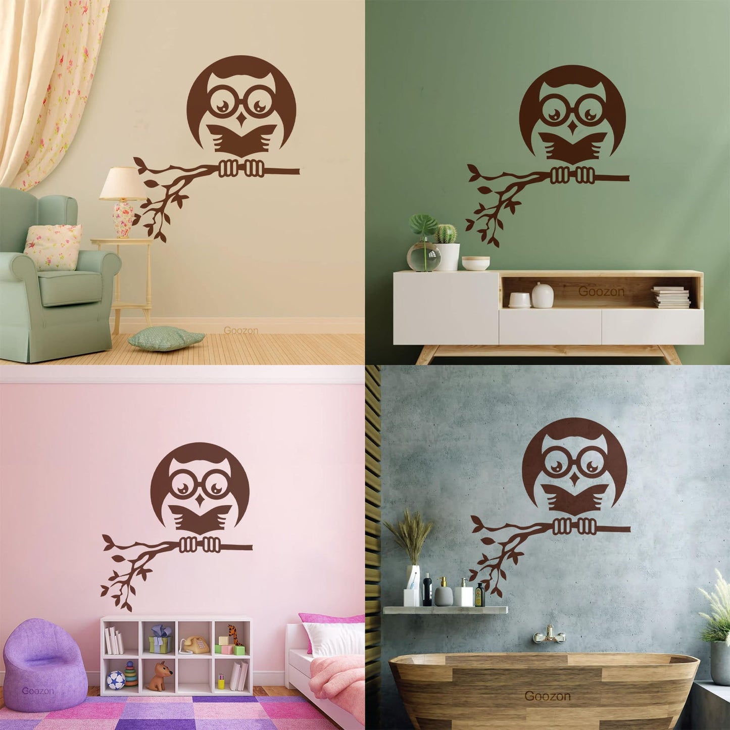 Fine Carving Stickers Owl On Branch Forest Night Moon Wall Beautification