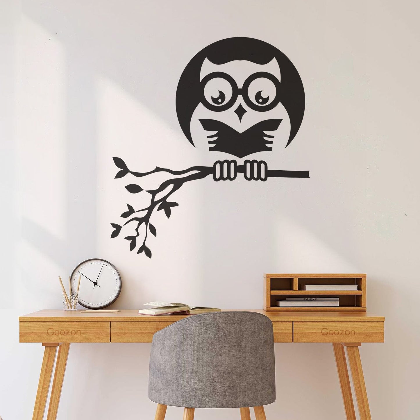 Fine Carving Stickers Owl On Branch Forest Night Moon Wall Beautification