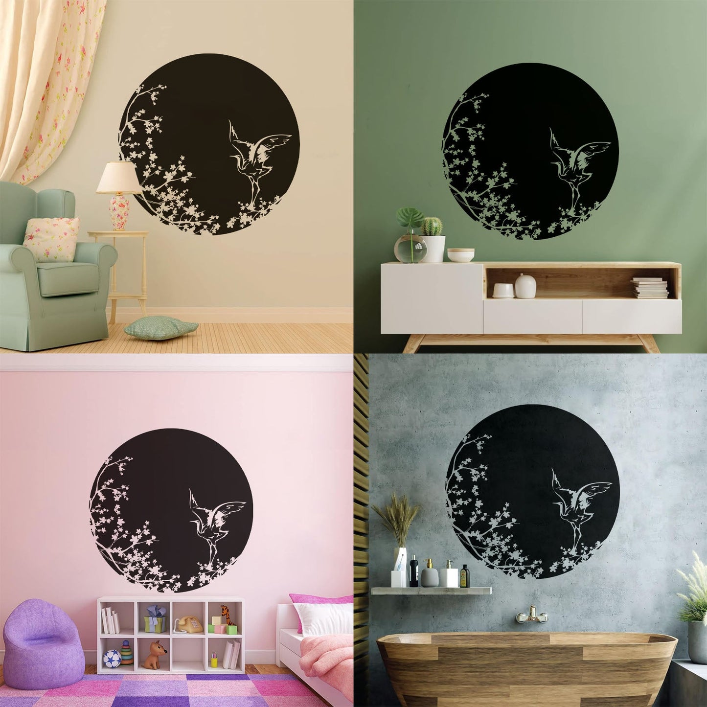 Sakura Tree Branch Heron Asian Style Bird Lettering Decals Tattoo Culture