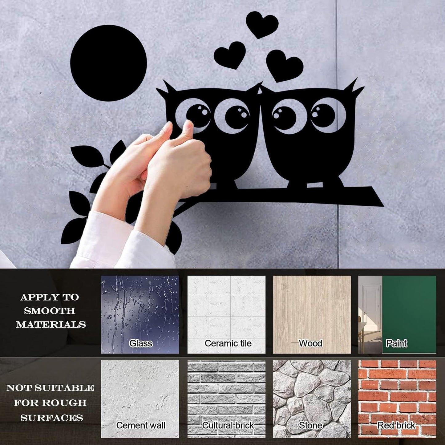 Lettering Stickers Two Owls Love Hearts On Branch And Moonlight Store Decoration