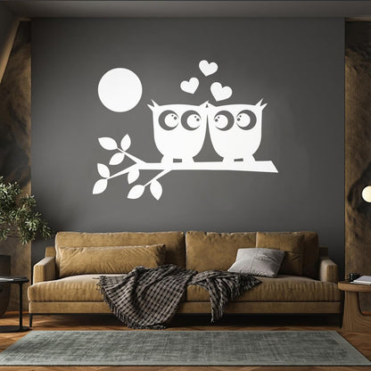 Lettering Stickers Two Owls Love Hearts On Branch And Moonlight Store Decoration