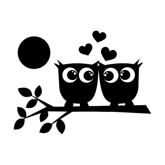 Lettering Stickers Two Owls Love Hearts On Branch And Moonlight Store Decoration