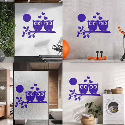 Lettering Stickers Two Owls Love Hearts On Branch And Moonlight Store Decoration