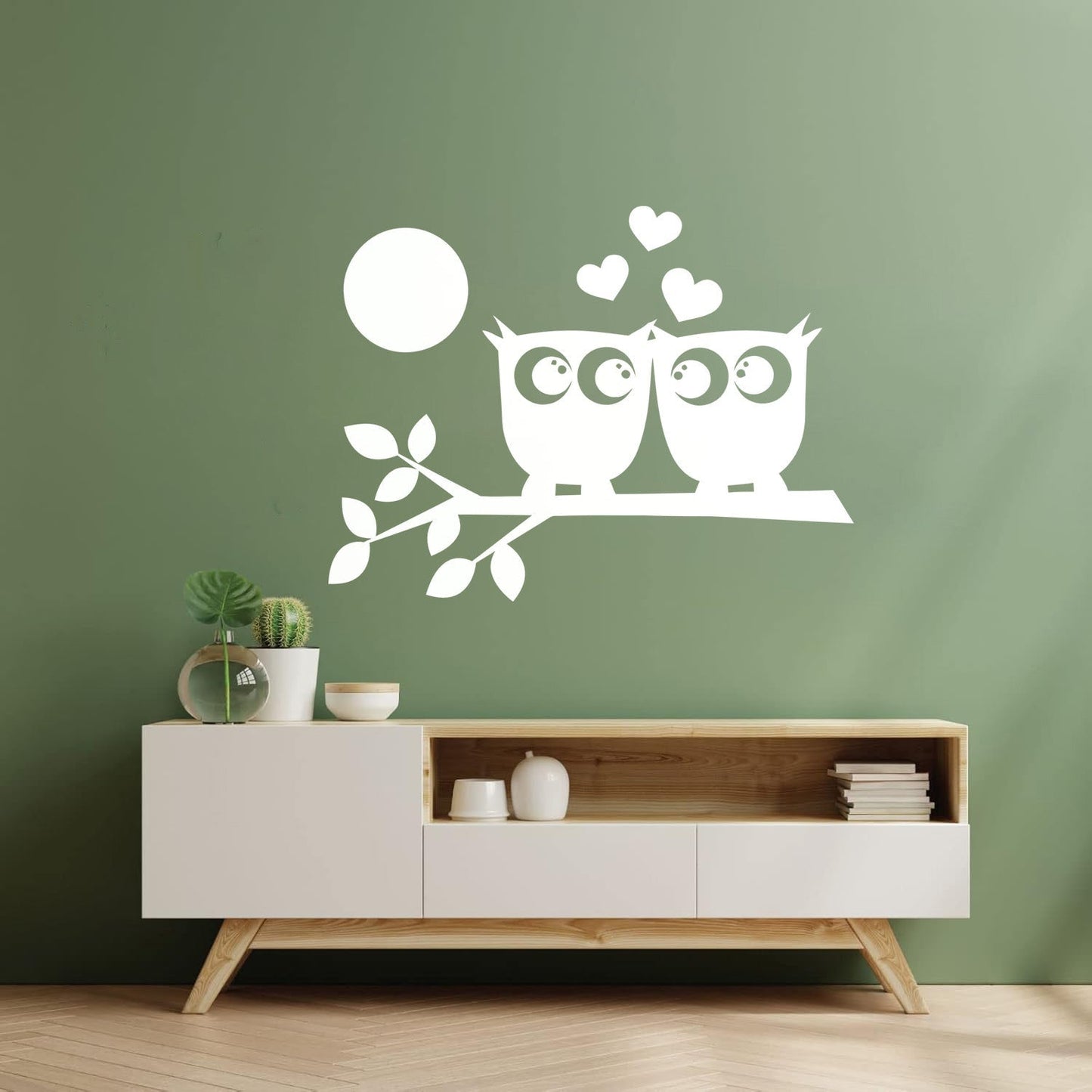 Lettering Stickers Two Owls Love Hearts On Branch And Moonlight Store Decoration
