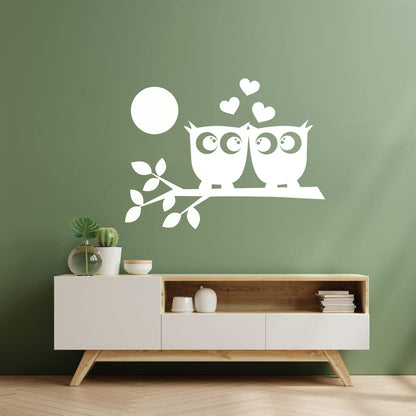 Lettering Stickers Two Owls Love Hearts On Branch And Moonlight Store Decoration