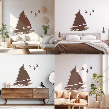 Fine Carving Stickers Boat Ship Birds Ocean Marine Beach House Do Not Damage The Wall Surface