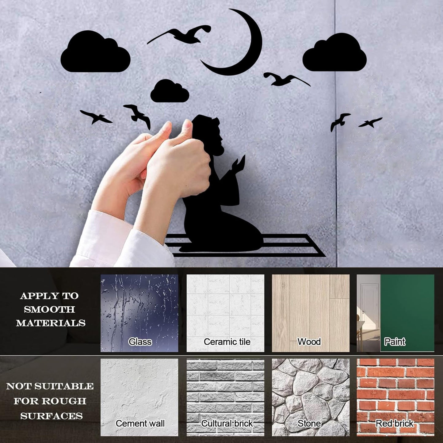 Fine Carving Stickers Islam Muslim Moon Prayer Religion Birds Sky Removable Without Leaving Glue