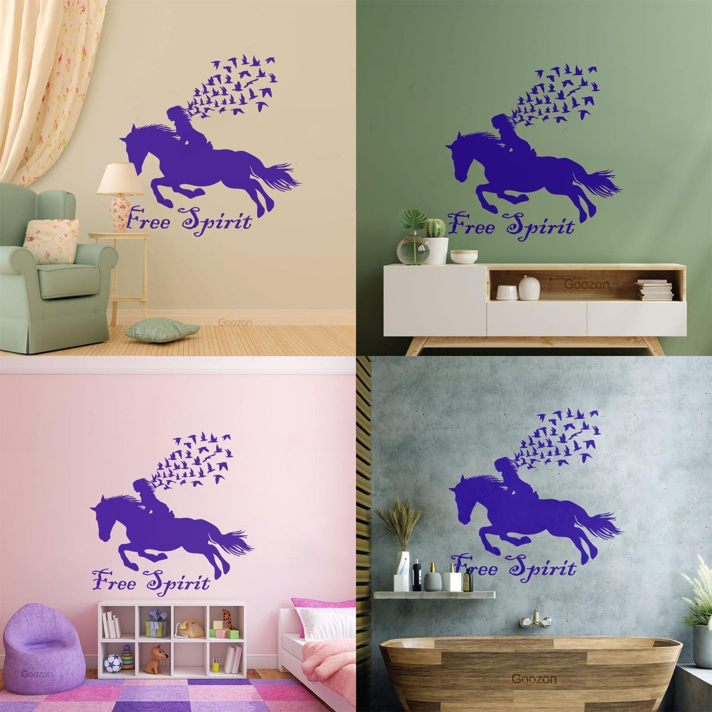Vinyl Wall Stickers Lettering Free Spirit Girl Horse Rider Birds Patterns It Won'T Fall Off