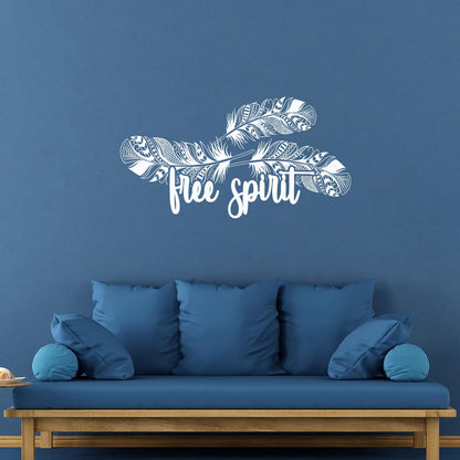 Mural And Wall Vinyl Decal Words Free Spirit Ethnic Bird Feathers Store Decoration