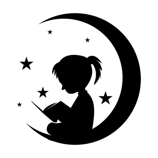 Wall Vinyl Sticker Decor Moon And Girl Stars Reading Book Shop Store Nursery Multiple Size Options