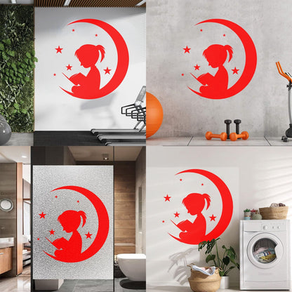 Wall Vinyl Sticker Decor Moon And Girl Stars Reading Book Shop Store Nursery Multiple Size Options