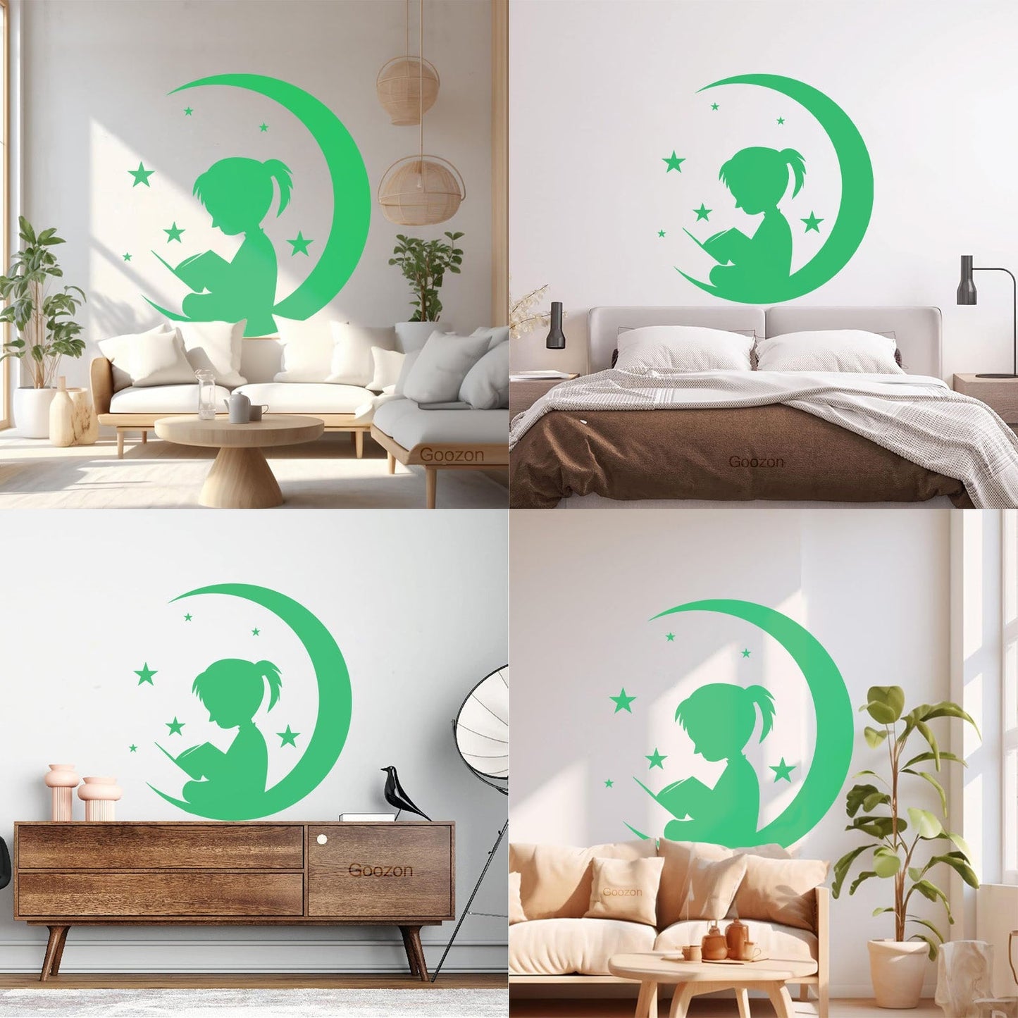 Wall Vinyl Sticker Decor Moon And Girl Stars Reading Book Shop Store Nursery Multiple Size Options