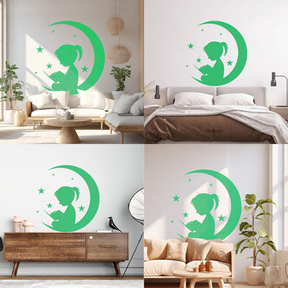 Wall Vinyl Sticker Decor Moon And Girl Stars Reading Book Shop Store Nursery Multiple Size Options