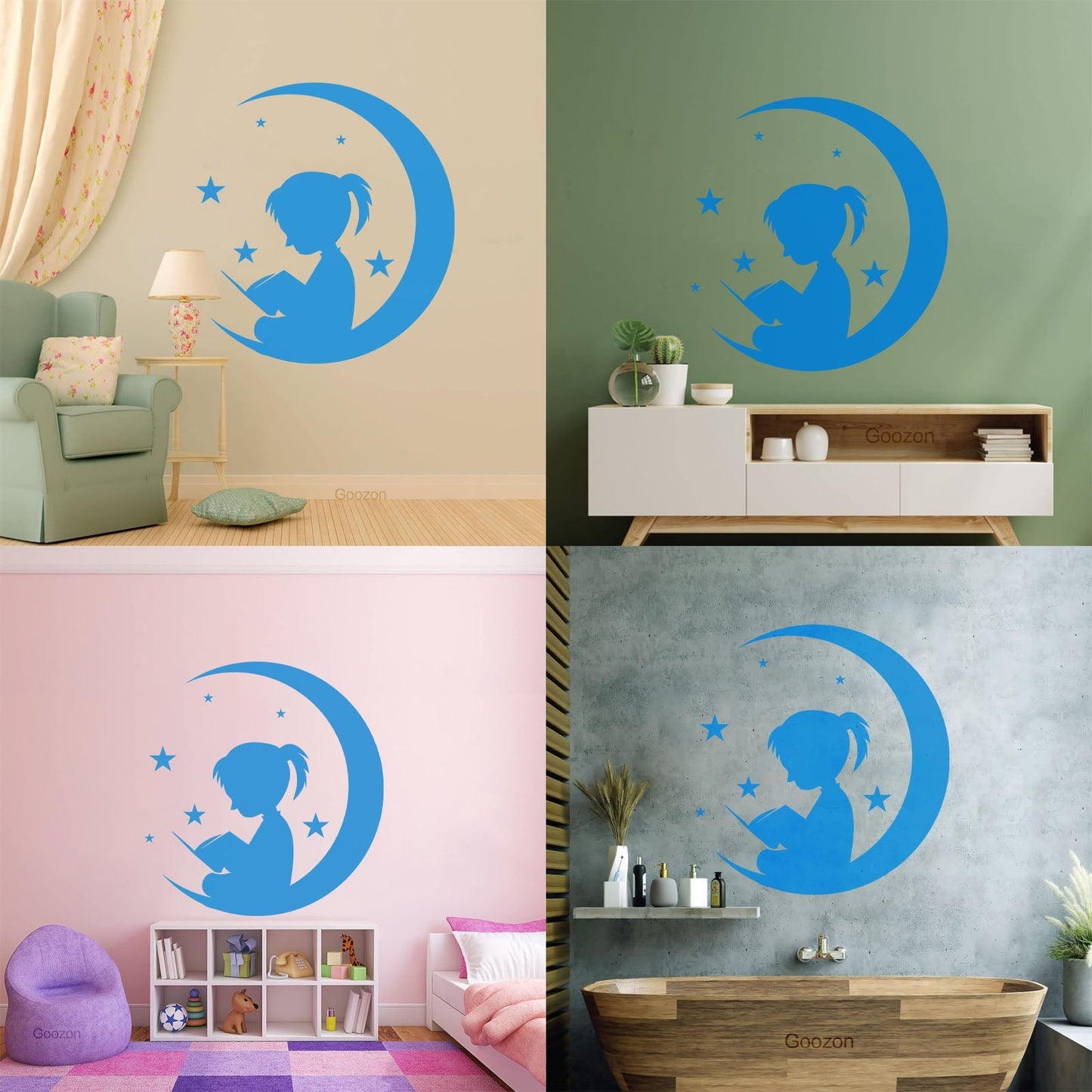 Wall Vinyl Sticker Decor Moon And Girl Stars Reading Book Shop Store Nursery Multiple Size Options