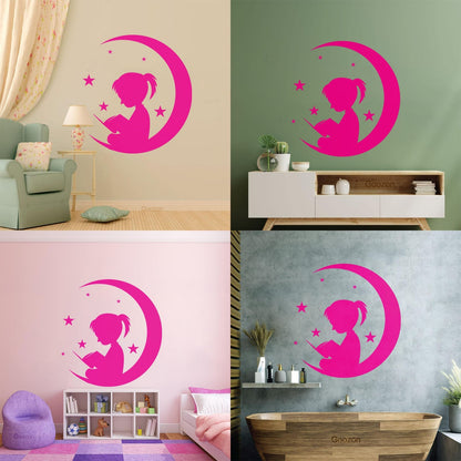 Wall Vinyl Sticker Decor Moon And Girl Stars Reading Book Shop Store Nursery Multiple Size Options