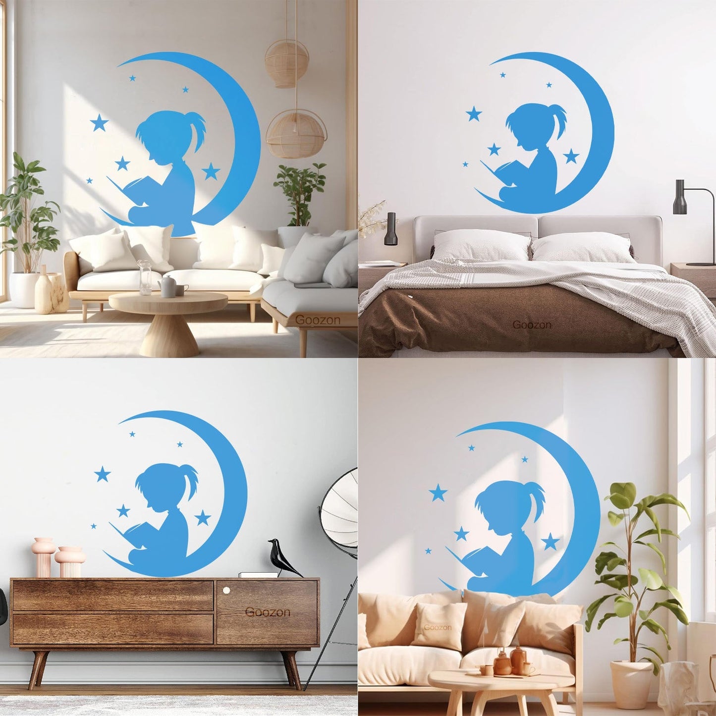 Wall Vinyl Sticker Decor Moon And Girl Stars Reading Book Shop Store Nursery Multiple Size Options