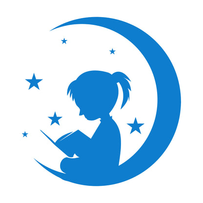 Wall Vinyl Sticker Decor Moon And Girl Stars Reading Book Shop Store Nursery Multiple Size Options