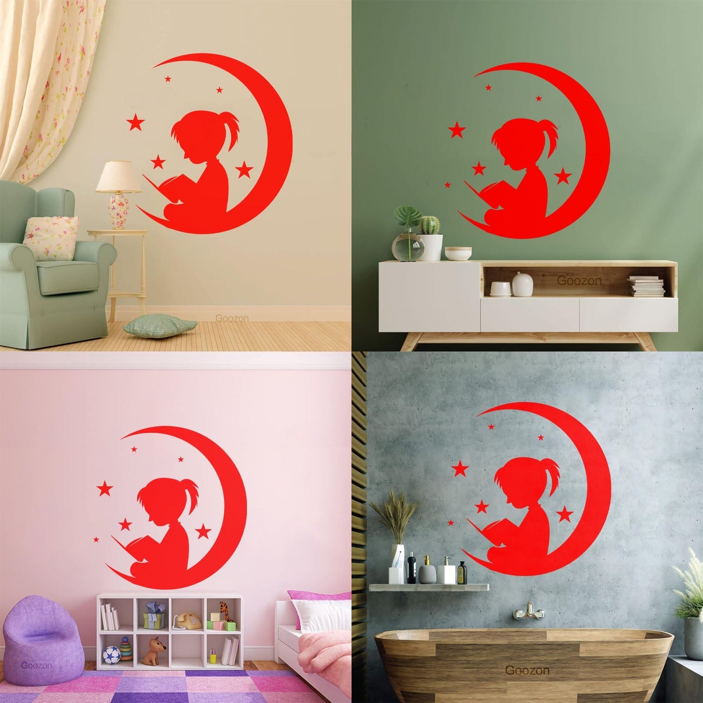 Wall Vinyl Sticker Decor Moon And Girl Stars Reading Book Shop Store Nursery Multiple Size Options