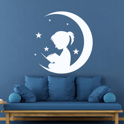 Wall Vinyl Sticker Decor Moon And Girl Stars Reading Book Shop Store Nursery Multiple Size Options