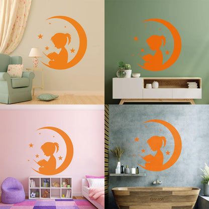 Wall Vinyl Sticker Decor Moon And Girl Stars Reading Book Shop Store Nursery Multiple Size Options