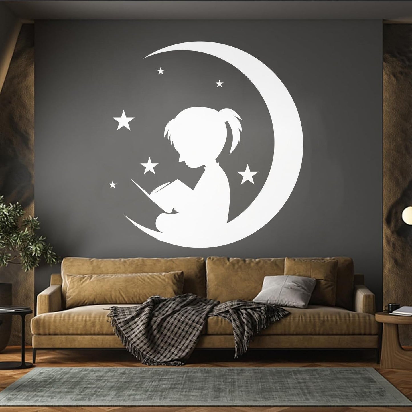 Wall Vinyl Sticker Decor Moon And Girl Stars Reading Book Shop Store Nursery Multiple Size Options