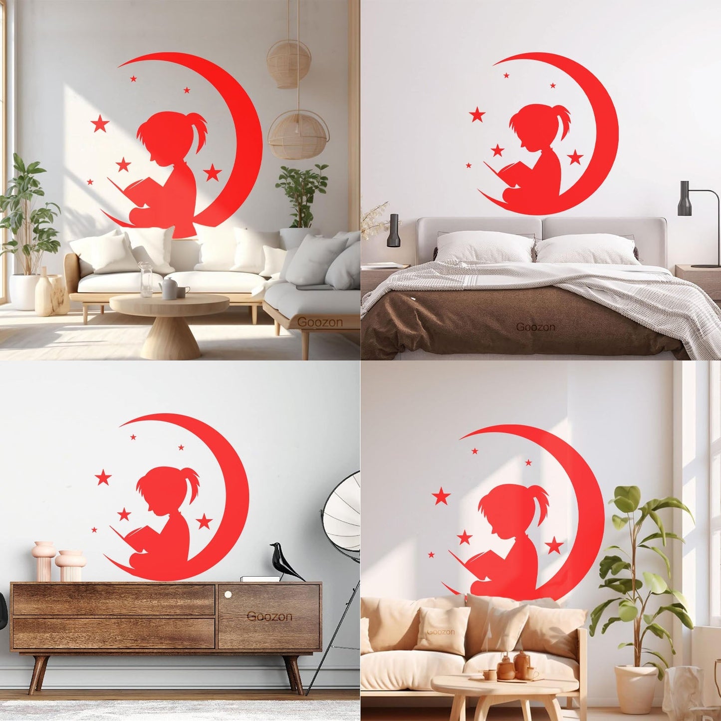 Wall Vinyl Sticker Decor Moon And Girl Stars Reading Book Shop Store Nursery Multiple Size Options