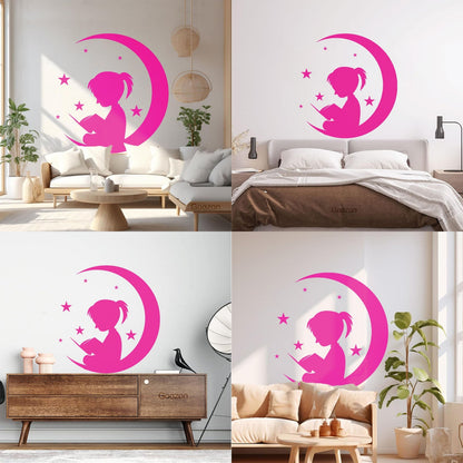 Wall Vinyl Sticker Decor Moon And Girl Stars Reading Book Shop Store Nursery Multiple Size Options