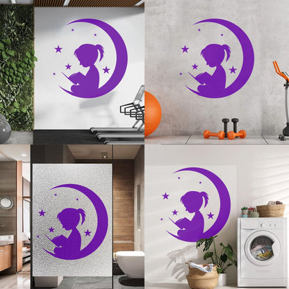 Wall Vinyl Sticker Decor Moon And Girl Stars Reading Book Shop Store Nursery Multiple Size Options