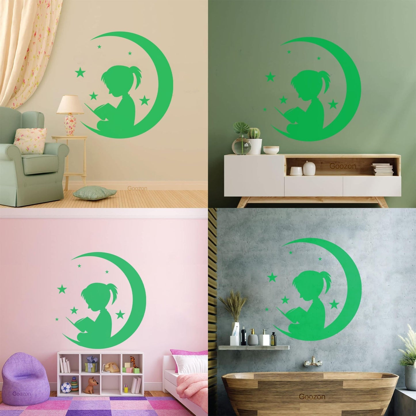 Wall Vinyl Sticker Decor Moon And Girl Stars Reading Book Shop Store Nursery Multiple Size Options