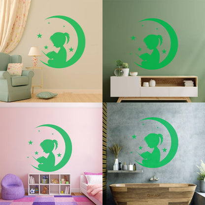 Wall Vinyl Sticker Decor Moon And Girl Stars Reading Book Shop Store Nursery Multiple Size Options